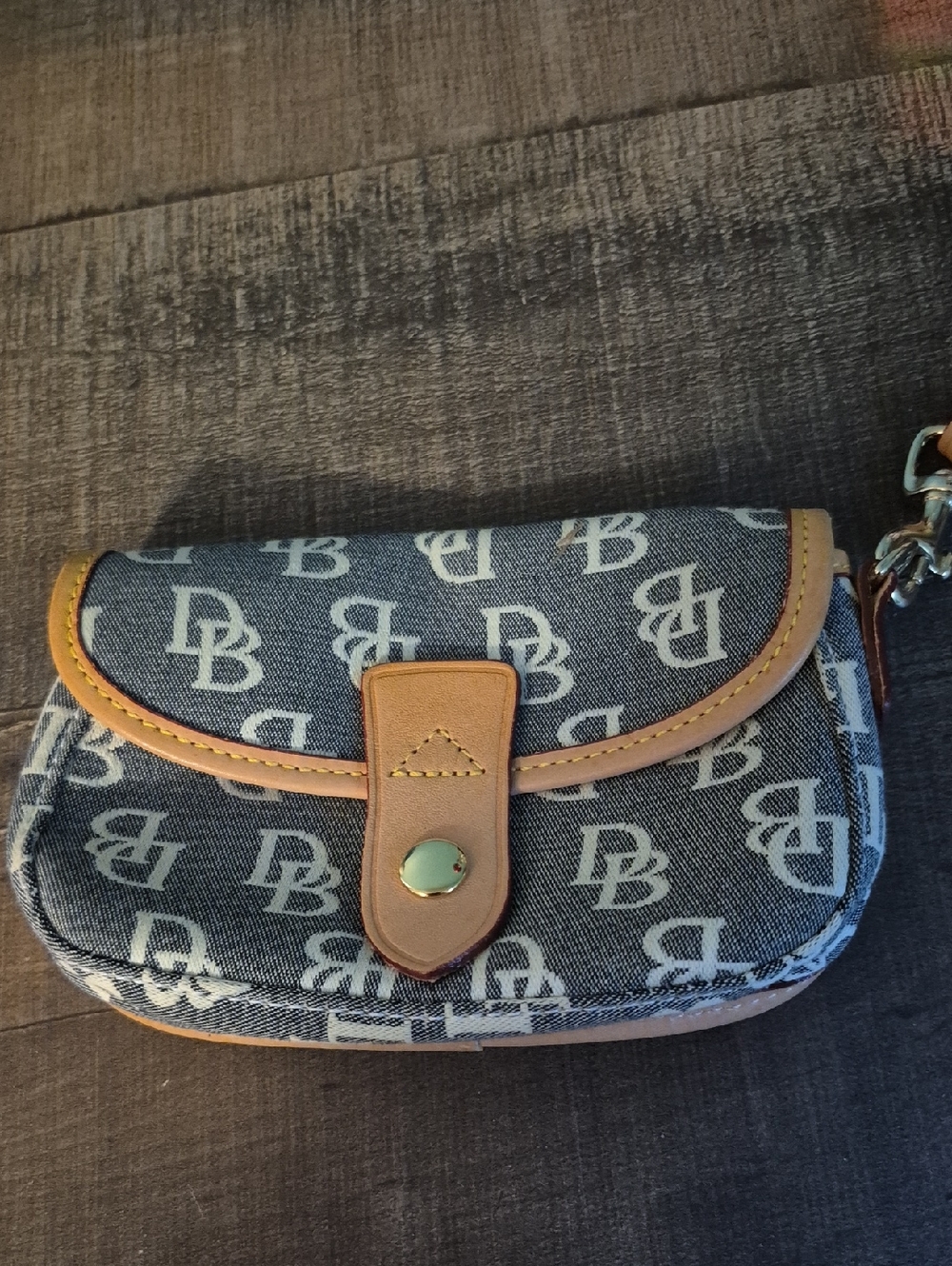 DB Monogram Denim  Wristlet  with Tan Trim